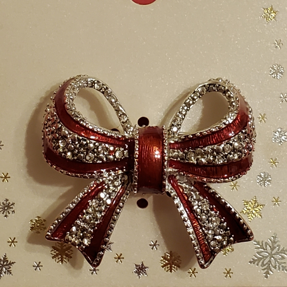 Happy Holidays Red Enamel Silver Bow Pin Brooch
